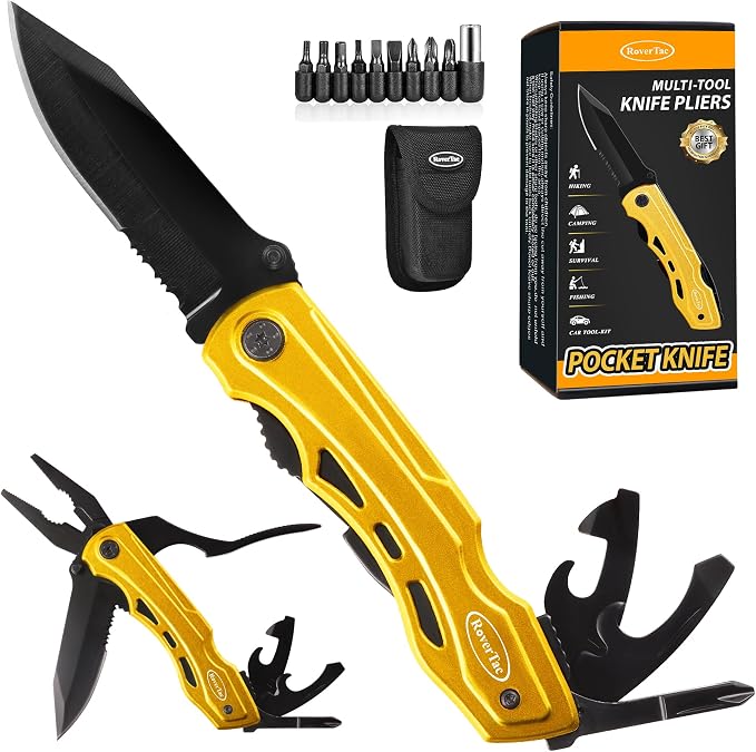 RoverTac 15-in-1 Pocket Multitool Knife - Folding Knife with Pliers, Bottle & Can Opener, Phillips Screwdriver + 9 Bits, Nylon Sheath - EDC Multi Tool for Camping, Hiking & DIY - Gifts for Men & Dad