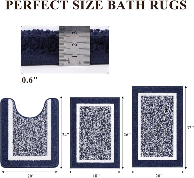Pauwer Bathroom Rugs Sets 3 Piece Bath Shower Rugs with U-Shaped Contour Toilet Mat Absorbent Microfiber Plush Bath Mats Non Slip Bath Rugs Machine Washable Shaggy Bathroom Floor Mats, Navy