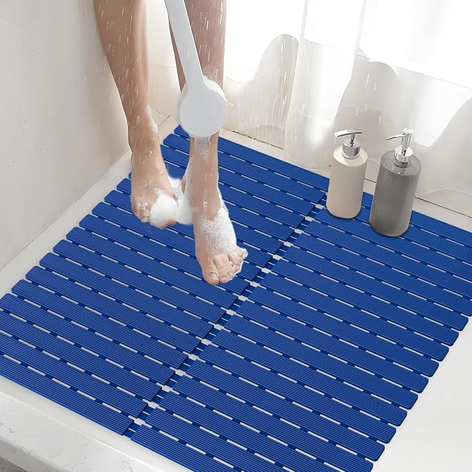 Shower Mat Non-Slip Bath Mat for Tub and Shower Stall,236 Suction Cups with Drain Holes, Quick Dry Machine Washable, Extra Grip for Stand Up Showers, Bathroom Essentials 24x24 Inch (Blue)