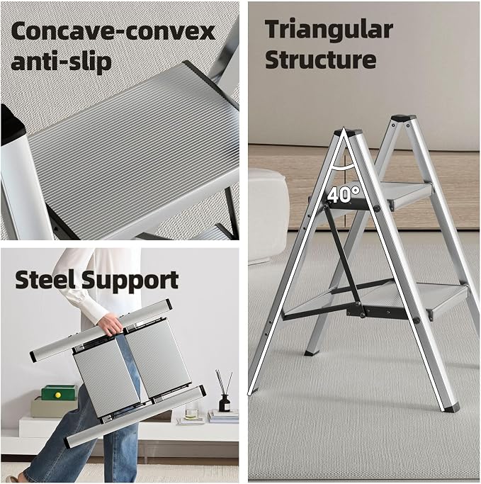 HillhutApex 2 Step Ladder, Lightweight Portable 2 Step Stool with Anti-Slip Wide Pedal,330lbs Capacity Aluminum Ladder for Household,Office,Library(Silver)