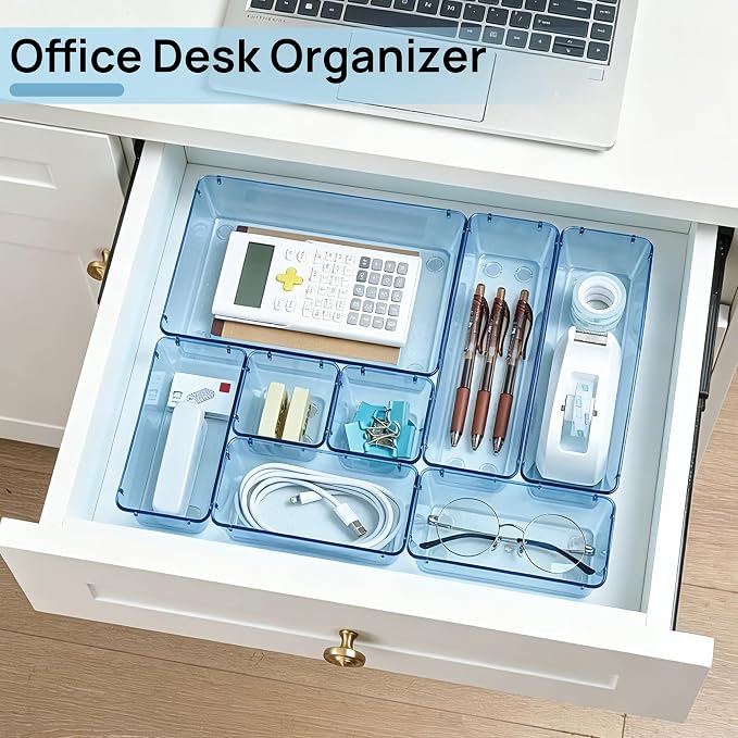 Vtopmart 25 PCS Plastic Drawer Organizers Set, 4-Size Versatile Bathroom and Vanity Drawer Organizer Trays, Storage Bins for Makeup, Bedroom, Kitchen Gadgets Utensils and Office
