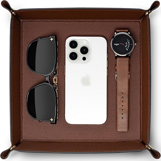 VLANDO Valet Tray for Men Women, Nightstand Organizer Vanity Catchall Holder for Dresser Desk Storage Bedside, Travel PU Leather Jewelry Key Bowl Coin Watches and Candy Entryway Tray - Large, Brown