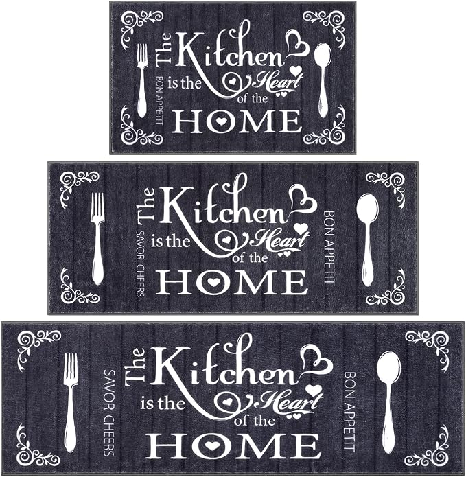 Vaukki Boho Kitchen Rug Sets 3 Pieces, Washable Kitchen Mats for Floor, Non Slip Soft Kitchen Area Rug Floor Mat for Kitchen, Laundry Room and Hallway (Black, 20''x32''+20''x47''+20''x59'')