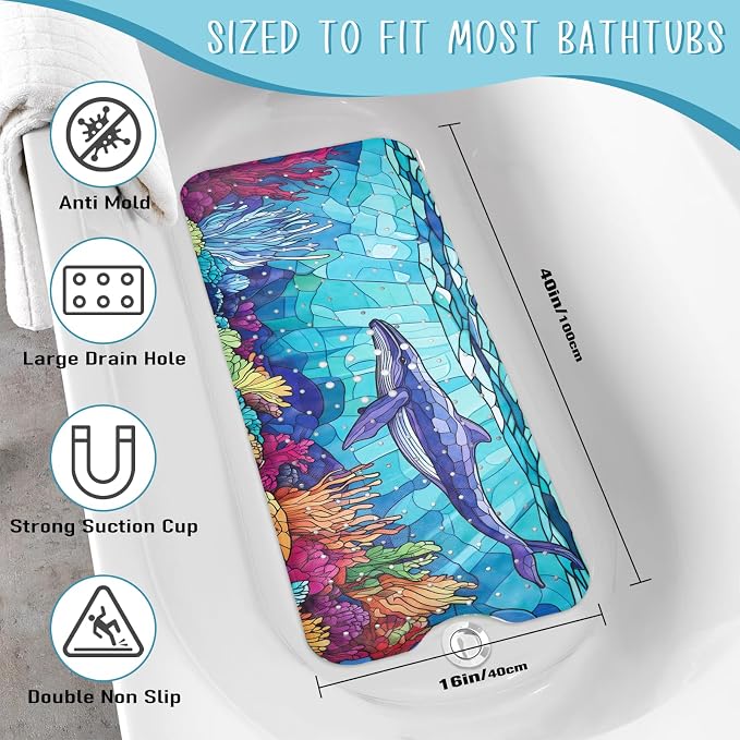 EAN Animals Bathtub Mat Non Slip, Sea Baby Bath Mat for Tub Rubber Tub Mat, Cute Toddler Kids Bath Mats for Bathroom Whale Anti Slip Shower Mat with Suction and Drain Holes Machine Washable, 40″x16″
