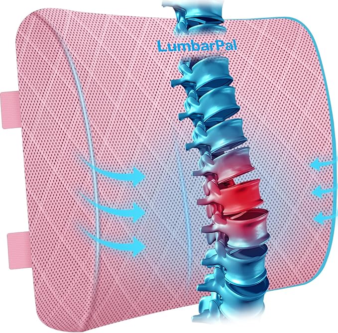 Lumbar Support Pillow for Office Chair Back Support Lumbar Pillow for Car, Gaming, Office Chair - Improve Sitting Posture & Back Pain Relief, Memory Foam, Adjustable Straps, Pink