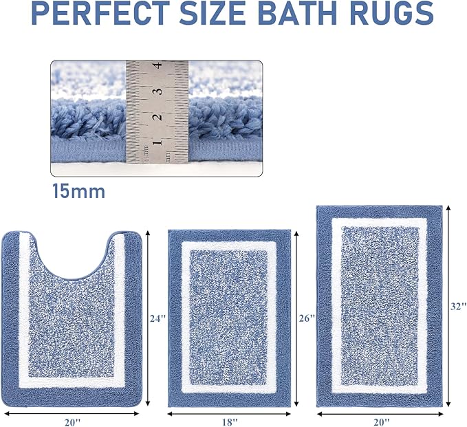 Pauwer Bathroom Rug Sets - 3 Piece Shower Mats with U-Shaped Contour Toilet Mat, Absorbent Microfiber Plush Bath Mats, Non Slip, Machine Washable Shaggy Floor Mats