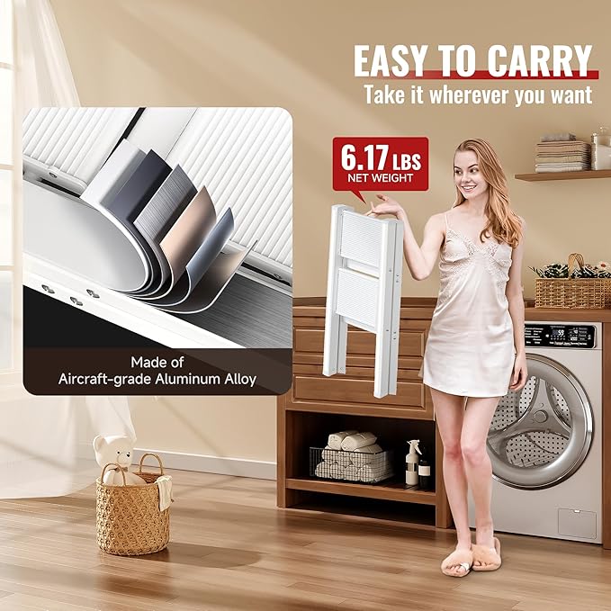 2 Step Ladder, Aluminum Folding 2 Step Stool with Anti-Slip Sturdy and Wide Pedal, Lightweight Portable Stepladder for Home and Kitchen Use Space Saving, Cream White, 330 lbs