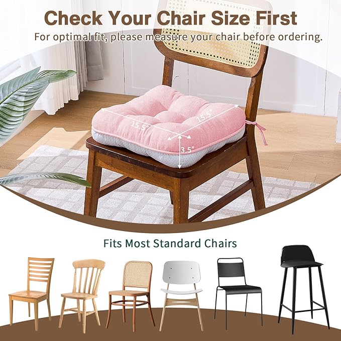 BETU Pink Chair Cushions for Dining Chairs Set of 6,3.5" Thick Kitchen Table Chair Pads with Ties,Non Slip Backing and Covers, Seat Cushion for Dining Room,Bar,Patio Chairs,15.5"X15.5"X3.5",Pink