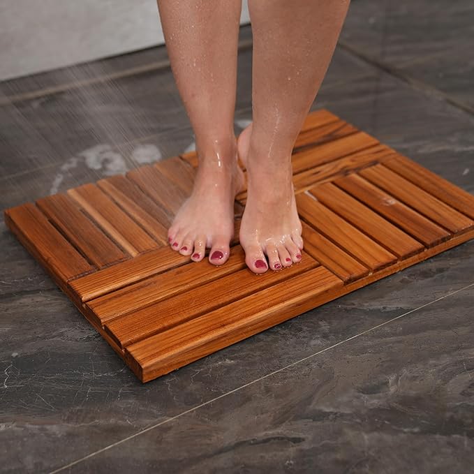 Utoplike Teak Wood Bath Mat, Wooden Shower Mat for Bathroom, 24 x 16 inch Non Slip Wood Floor Sturdy Mat for Inside Shower Luxury Spa Home or Outdoor