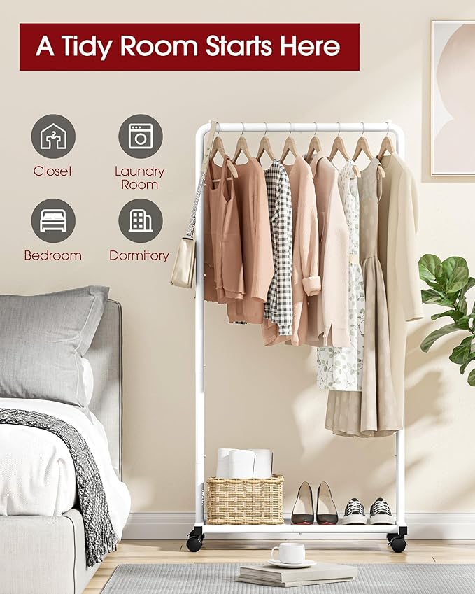 Sakugi Clothes Rack - Clothing Rack with Storage Mesh Shelf & Casters, Heavy-Duty Metal Clothing Rack for Hanging Clothes, Dresses, Coats, Large Load Capacity, Easy Assembly, White, 28.0"x16.9"x59.0"