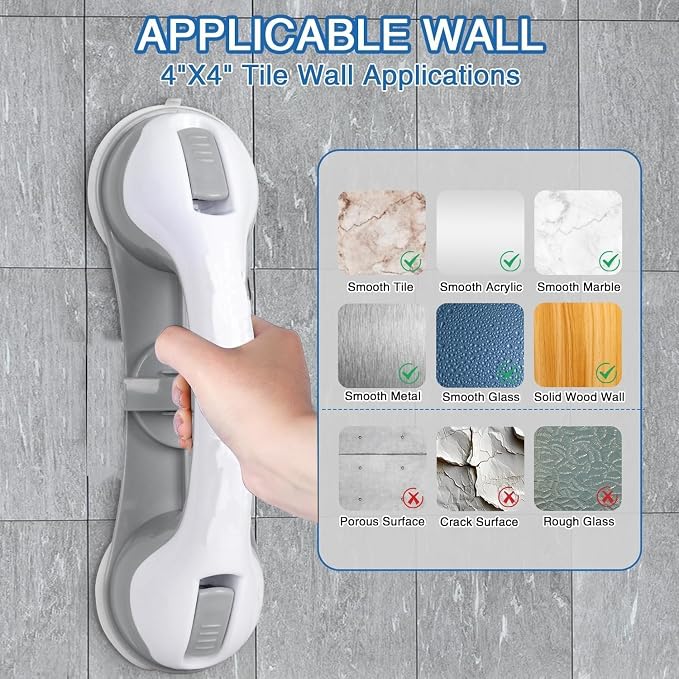 2 Pack Grab Bars for Bathtubs and Showers with 3 Suction Cups Heavy Duty Bathroom Handrails for Seniors and Elderly Safety Grip No Drilling Waterproof Bath Handle