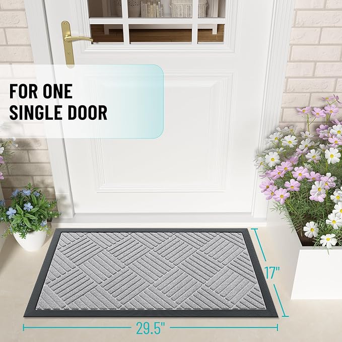 OLANLY Front Door Mat Outside Entrance 29.5x17, Absorbent, Heavy Duty Sturdy Natural Rubber Doormat Indoor Outdoor, Stain Fade Resistant, Non-Slip Low Profile Floor Mat Entryway, Light Gray Diamond