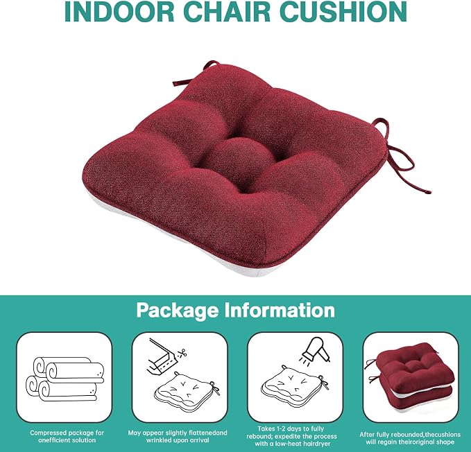 BETU Chair Cushions for Dining Chairs Set of 6,3.5" Thick Kitchen Table Chair Pads with Ties,Non Slip Backing and Covers, Home Decor Seat Cushion for Dining Room,Bar,Patio Chairs,15.5"X15.5"X3.5",Red