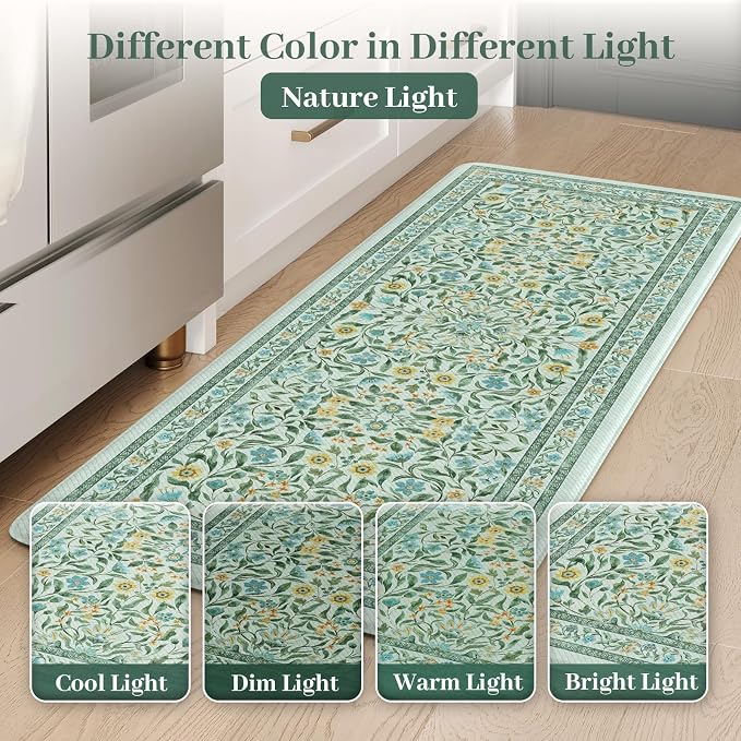 KIMODE Kitchen Mats for Floor Anti Fatigue, Kitchen Floor Mats 17.3"x29"+17.3"x47", Boho Floral Kitchen Rugs Sets of 2, Comfort Padded Rugs for Kitchen Floor Laundry Office Sink Desk Blue Green