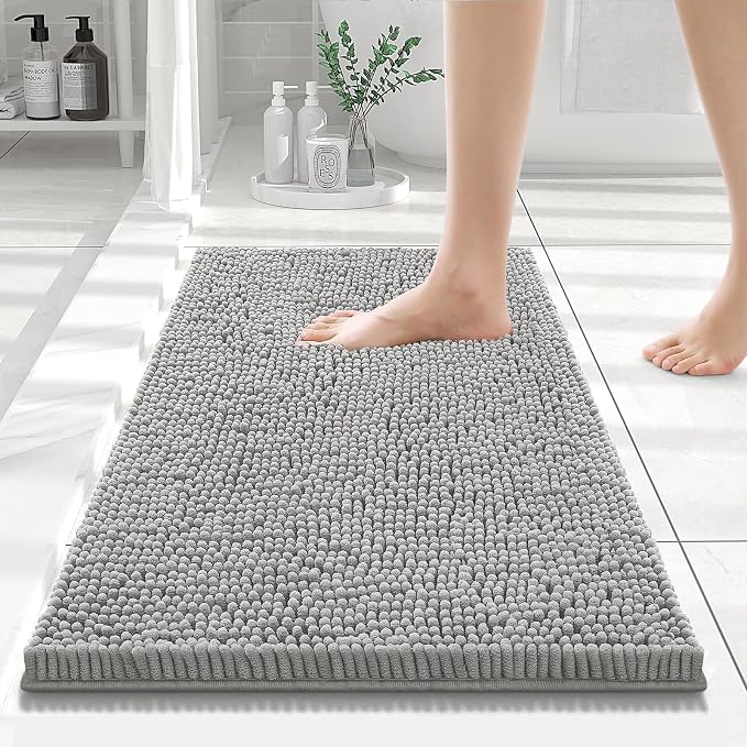Smiry Luxury Chenille Bathroom Rugs 24x16, Extra Soft and Absorbent Shaggy Bath Mat, Machine Washable, Non-Slip Plush Carpet Runner for Tub, Shower, and Floor, Home Decor Accessories, Light Grey