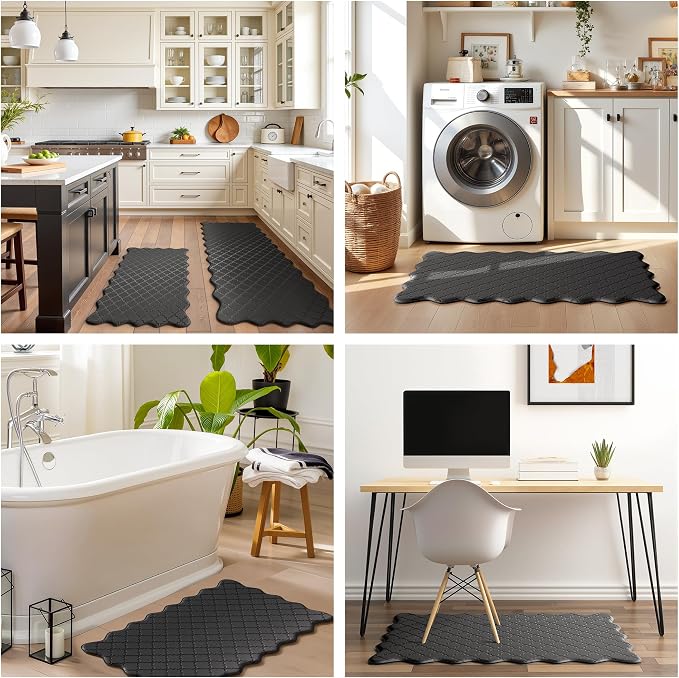 Arenarug Upgrade Scalloped Embossed Kitchen Mats for Floor 2PCS Cushioned Anti Fatigue Waterproof Foam Kitchen Rugs Non Slip Washable Comfort Standing Mat for Office Sink Laundry, Black