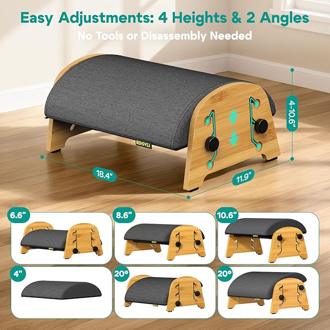 YEASHEIN Ergonomic Foot Rest Under Desk at Work, Bamboo Wood Adjustable Foot Stool Under Desk with 6 Positions, Office Footrests with Memory Foam, Leg Rest Used for Car, Home, PC Gaming Accessories