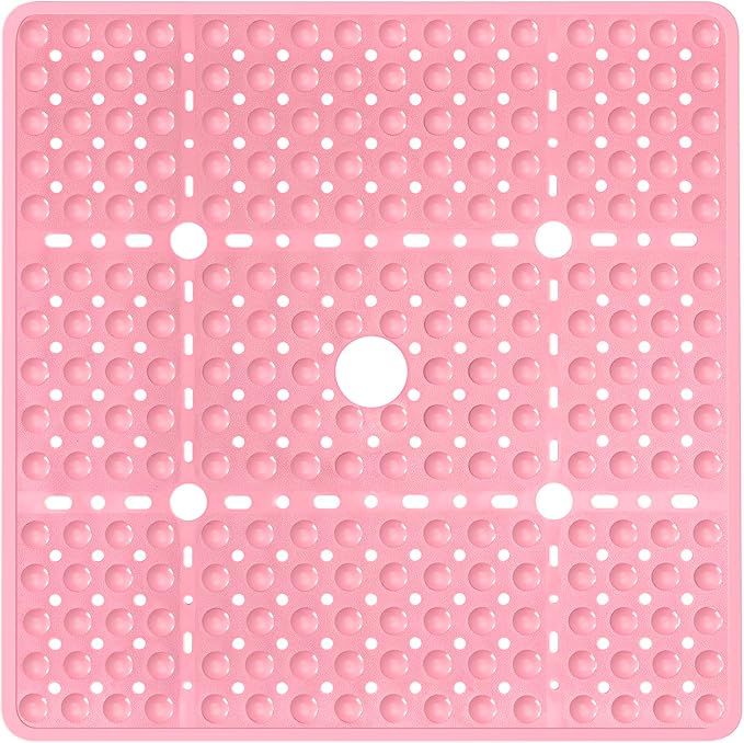 Large Square Shower Mat 27 x 27 Inch Pink, Non Slip Shower Bathtub Mats for Inside Shower with Big Suction Cups Drain Holes, Anti Slip Bathroom Floor Shower Stall Mats, Easy Clean, BPA-Free
