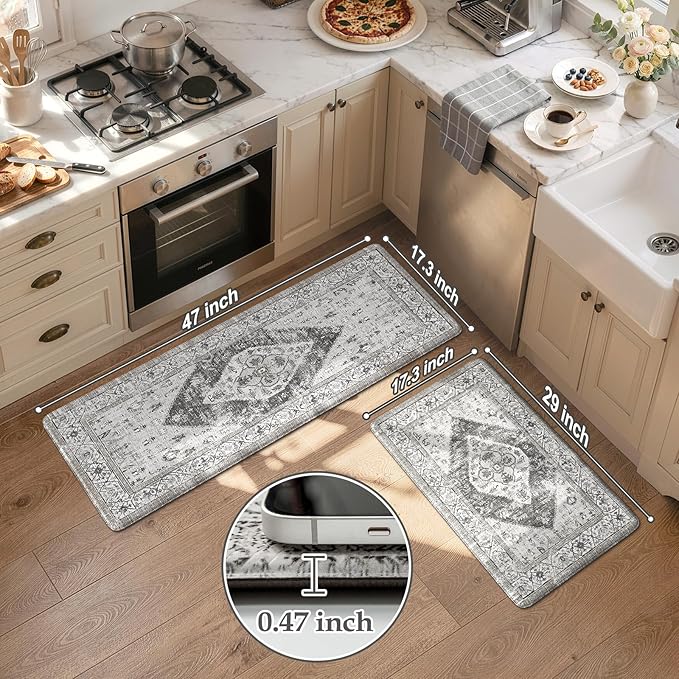 KIMODE Kitchen Rugs and Mats for Floor 2 Piece Cushioned Anti Fatigue Kitchen Mat Non-Skid Waterproof Kitchen Runner Rug Boho Laundry Room Rug for Kitchen Decor, Floors, Office, Desk, Grey Rug Set