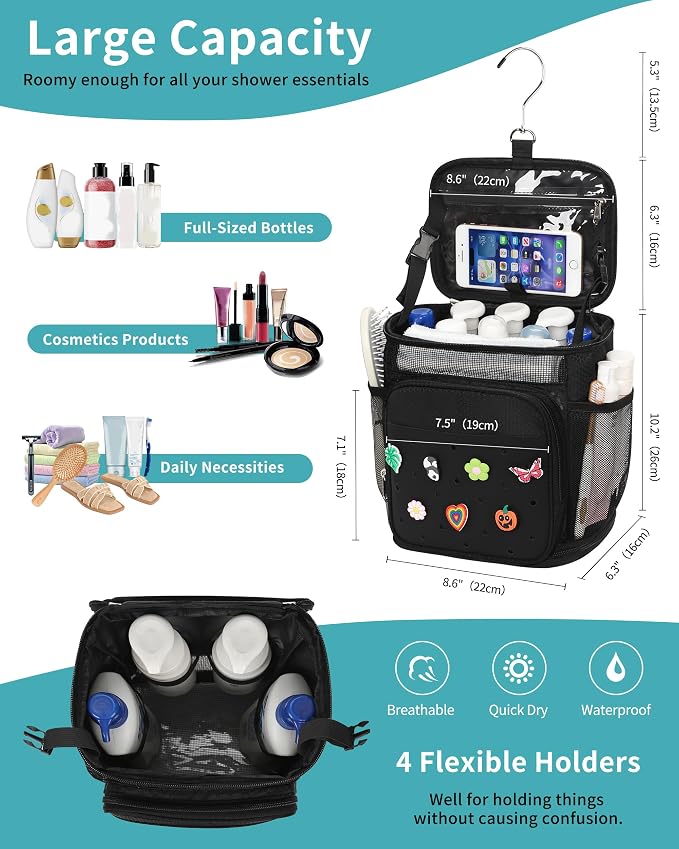 Shower Caddy Portable, Hanging Shower Caddy with DIY Decoration Charms for College Dorm Room Essentials, Quick Dry Shower Bag Mesh Toiletry Bag for Bathroom, Gym, Camping, Swiming, Beach, Traveling