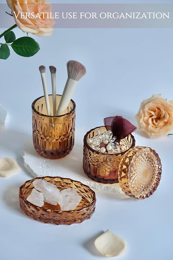 LaMarriti Amber Bathroom Accessories Set, 5Pcs Clear Glass Bathroom Sets, Hand Soap Dispenser, Soap Dish, Toothbrush Holder Set, Qtips Holder for Crystal Vintage Bath Decor, Set