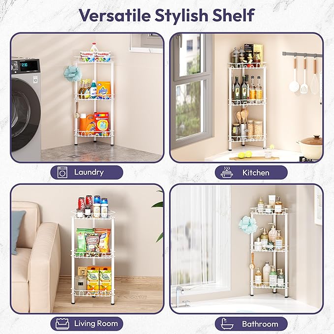SWTYMIKI Standing Shower Caddy Corner - 3‑Tier Stainless Steel Shower Organizer Shelf with 12 Hooks and Adhesive Pads, Rustproof Corner Shelves Stand Rack for Bathroom Shower Room, white