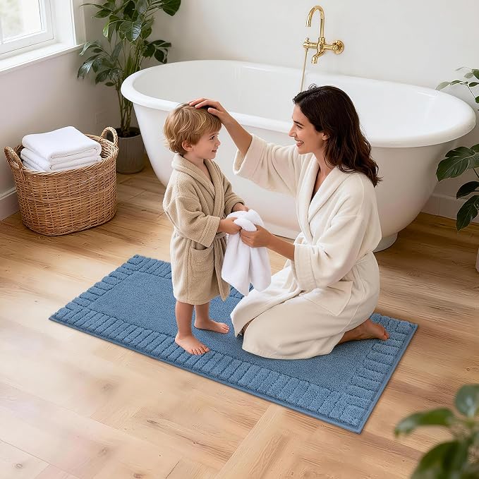 Pauwer Bathroom Rugs Set 5 Piece Non Slip Washable Bath Mat Set with U Shaped Contour Toilet Rugs Plush Absorbent Microfiber Shower Mat and Toilet Lid Cover for Bathroom, Blue