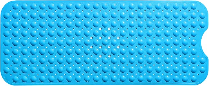 Extra-Long Non-Slip Bathtub & Shower Mat 39”x16” (Smooth/Non-Textured Tubs Only) Safe, Clean, Machine-Washable, Superior Grip&Drainage, Vinyl, Opaque Light Blue