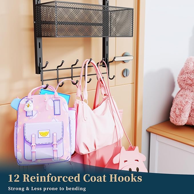 Consumest Over The Door Hooks Organizer - 4 Tier Door Coat Rack with 3 Baskets & 12 Hooks, Stainless Steel Towel Hanger for Bedroom, Bathroom, Living Room, Black