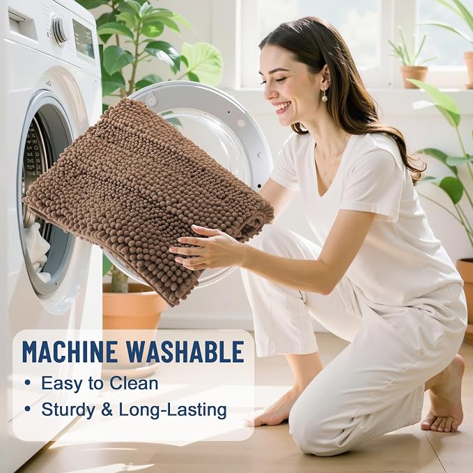 Grandaily Chenille Striped Bathroom Rugs 36x24, Extra Thick and Soft Absorbent Bath Mats, Rubber Backing, Plush Shaggy Shower Carpet, Machine Wash Dry, Bath Rug for Bathroom, Mocha