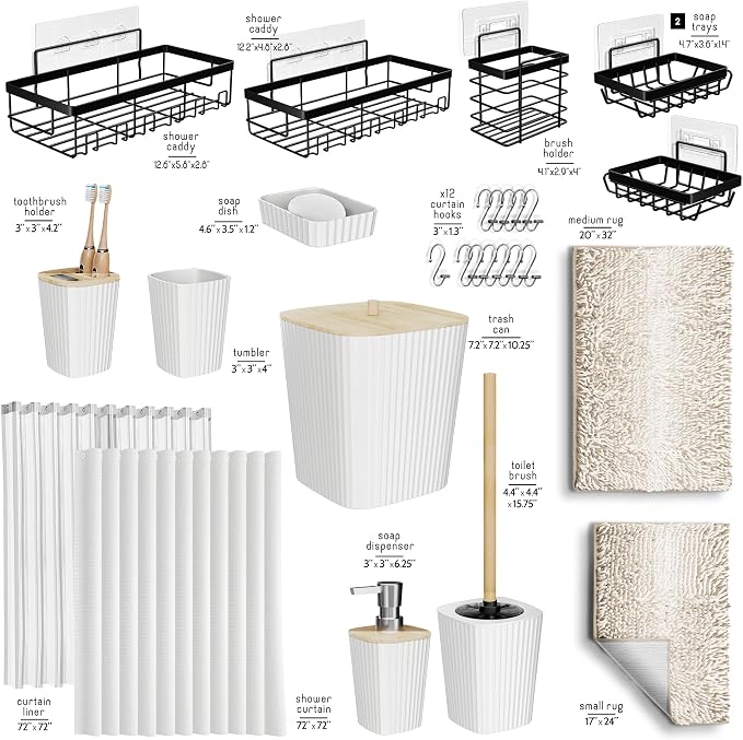 Clara Clark Bathroom Accessories Set - 27PC Bathroom Set with Adhesive Corner Shower Caddy Hanging, Bathroom Sets with Shower Curtain and Rugs, Ombre White Shower Curtain Set with Bathroom Trash Can