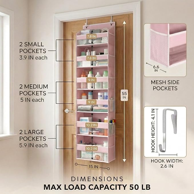 HOMELUX THEORY UPGRADED 6 Tiers Over The Door Organizer Hanging - 100D EXTRA THICK & 50lbs HUGE CAPACITY, 12 Side Mesh Pockets Over The Door Shoe Organizer, Hanging Closet Organizer (Baby Pink, 1pc)