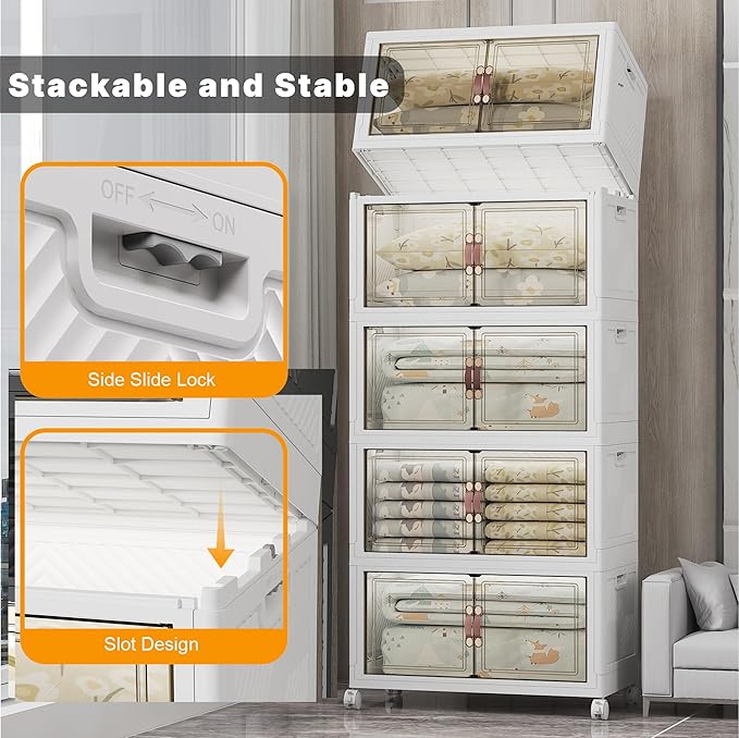 UAMFURI Stackable Storage Bins with Lids & Wheels & Door, Foldable Collapsible Closet Organizers, Extra Large Plastic Storage Drawers for Bedroom Dorm Office Garage (White-175QT, 5Pack with 2 top lid)
