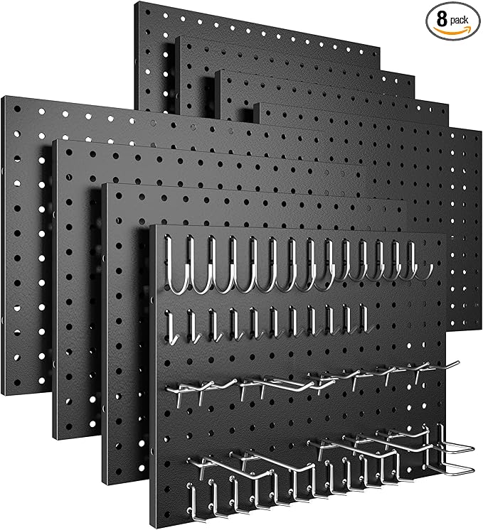 Spampur Peg Board, 8 Pack Metal Pegboard Panels with 50 Hooks, Black Pegboards Wall Organizer, Heavy Duty Peg Board for Walls Home, Garage Tool Storage, Office Organization, Craft Room, Kitchen
