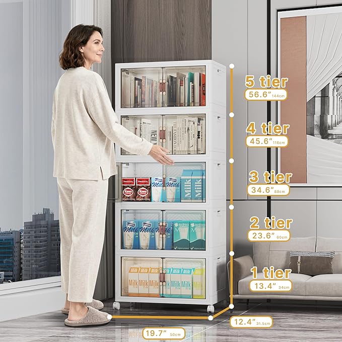 UAMFURI Stackable Storage Bins with Lids, 260QT Closet Organizers and Storage with Doors and Wheels, Extra Large Storage Cabinet, Collapsible Plastic Drawers for Bedroom Dorm Office Garage