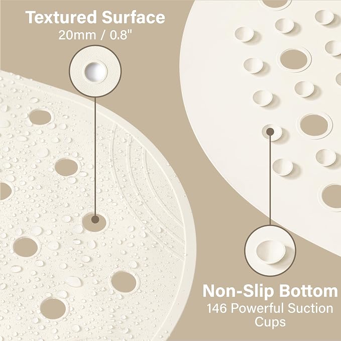 Rubber Bathtub Mat Shower Mat Non-Slip, 31x14 Inch, Bath Tub Floor Mat with Suction Cups and Drainage Holes, Ivory White