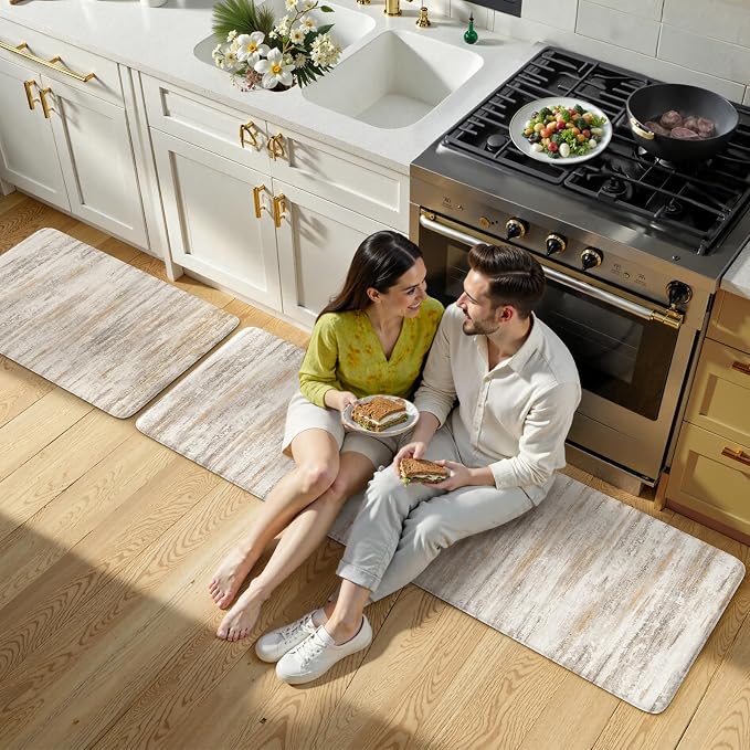 KIMODE Anti Fatigue Kitchen Mats for Floor, Farmhouse Brown Kitchen Rugs Sets of 2, Summer Cushioned Kitchen Floor Mats, Comfort Standing Mats for Sink Laundry Office Desk 20"x59"+20"x32"