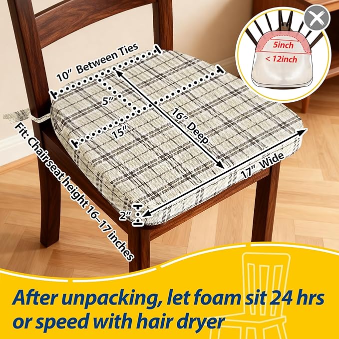 AAAAAcessories D-Shaped Chair Cushions, 2" Thick Dining Chair Pads with Ties and Removable, Machine-Washable Cover, 17" x 16", Set of 8, Tan Plaid