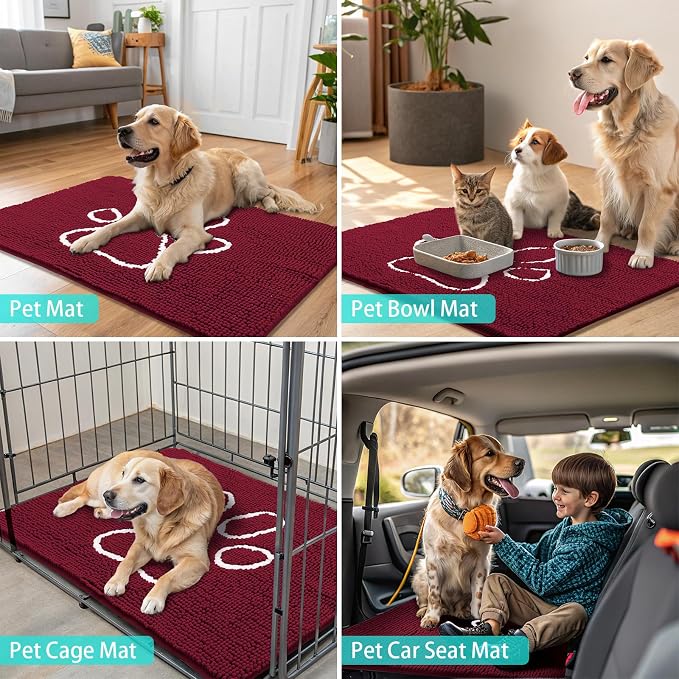 Smiry Dog Door Mat for Muddy Paws, Absorbent Dirt Trapper Non Slip Quick Dry Washable Chenille Mat for Mud Dogs, Entry Rug for Indoor and Outdoor (47x24 Inches, Burgundy and White)