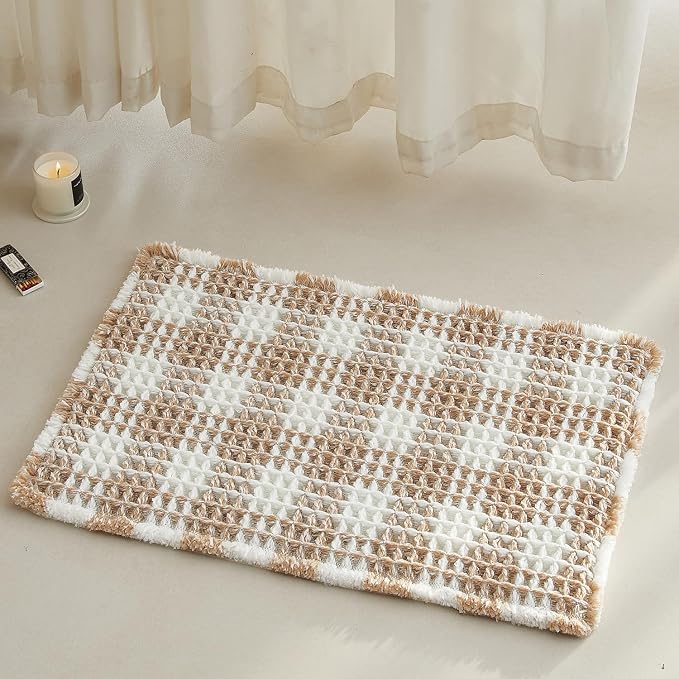 TYUU Waffle Bath Mat, Boho Bathroom Rugs Non Slip Washable Absorbent Checkered Bathroom Mat Quick Dry Farmhouse Bathroom Decor, 24"x16" Khaki and White