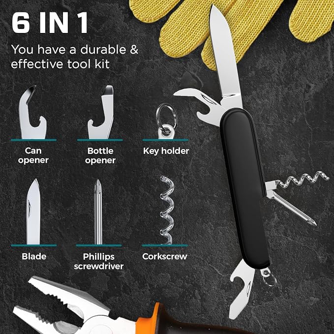 Small Pocket Knife 6 in 1 - Keychain Multitool - Compact Kids Pocket Knife with Bottle Opener, Can Opener, Corkscrew, Phillips Screwdriver - EDC Gift for Men, Women, Camping, Hiking, Travel - 5005
