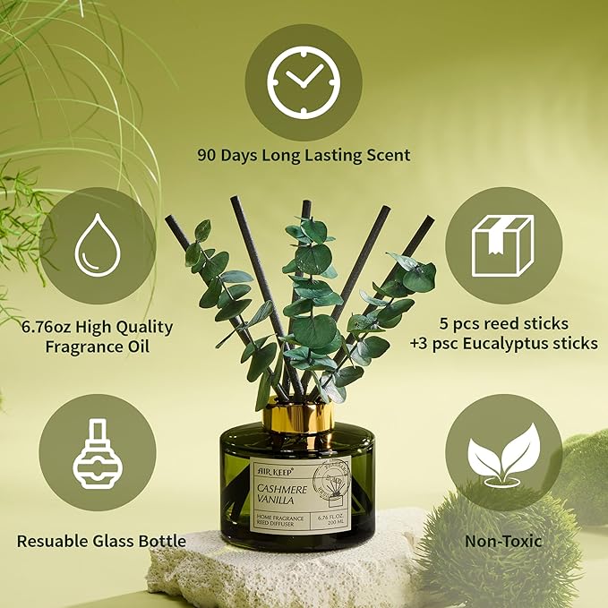 Airkeep Reed Diffuser Set with 6.76 fl oz Cashmere Vanilla Scent Essential Oils and 3 Leaves & 8 Diffuser Sticks,Bathroom Shelf Decor & Air Freshener, House Bedroom Office Decor & Gifts