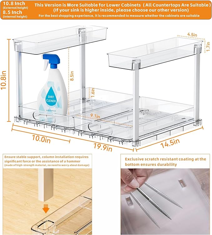Yieach 2 Pack 14.6″ Deep Pull Out Under Sink Organizer,10.8″ High 2 Tier Slide Out Cabinet Organizer for Kitchen Cabinet,Undersink Organizers,Under Sink Shelves,Bathroom Organizers and Storage,Clear