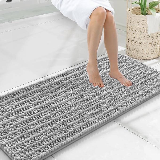 Smiry Bathroom Rugs Mat 47x20, Extra Soft Absorbent Chenille Bath Rugs, Non Slip Rubber Backing Machine Washable Quick Dry Bath Mats for Bathroom Floor, Tub, Shower, Home Decor Accessories, Light Grey