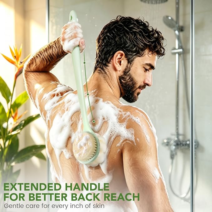 Back Scrubber for Shower, 15.7" Loofah with Handle, Back Shower Brush with Bristles and Loofah, Dry Brushing Body Brush for Cleanse Back and Hard to Reach Areas with Curved Long Handle