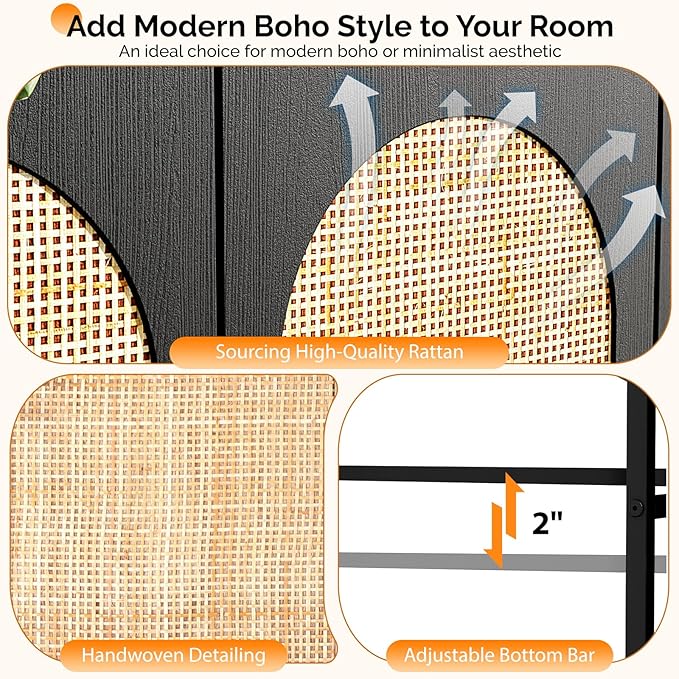VINGLI Over The Toilet Storage Cabinet, Black Rattan Bathroom Organizer Over Toilet with Adjustable Shelf, Freestanding Space Saver Stand with Soft-Close Doors for Restroom Laundry, Boho Modern