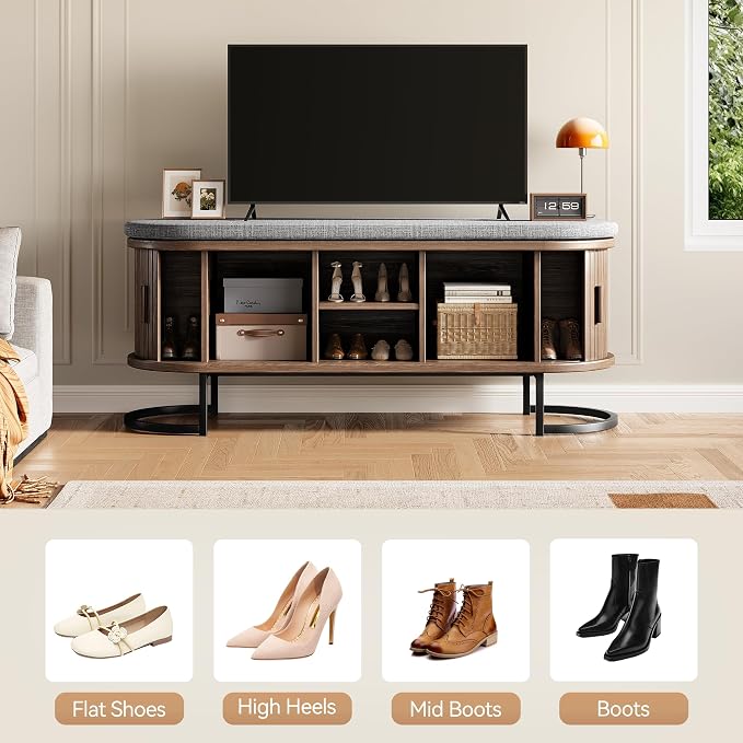Decofy Storage Bench with Cushion and Sliding Doors, 47.2 Inch Large Entryway Shoe Bench with Sturdy Metal Feet, Multi-Functional for Entrance Hall, Bedroom, Living Room (Walnut)