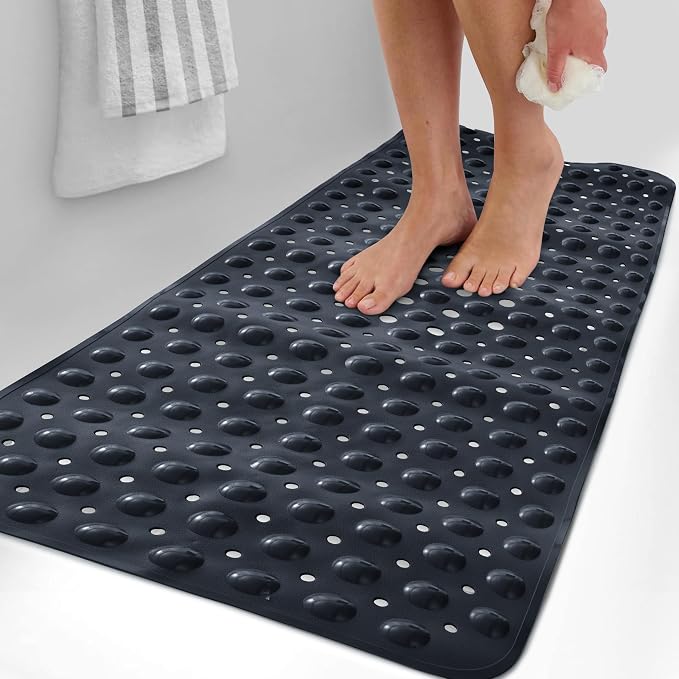 LUX Décor Non-Slip Bathtub Mat, Extra Large 40x16 Inches – Anti-Slip Safety Shower Mat with Suction Cups & Drain Holes – Machine Washable Bath Mat – Black