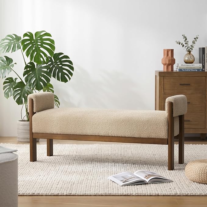 VKNOW End of Bed Bench, 51.8” Modern Upholstered Bedroom Bench Indoor Bench with Arms, Entryway Bench with Solid Wood Frame for Bedroom Living Room, Brown