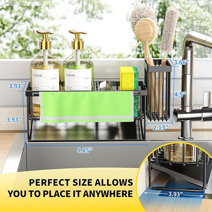 Cisily Kitchen Sink Caddy Organizer with High Brush Holder, Sponge Holder for Sink, 304 Rustproof Stainless Steel, Countertop Soap Dispenser Organizer, Black with Towel Rack, 9.25